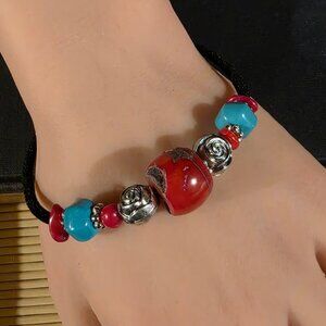 Gemstone Bracelet Turquoise Coral Black Velvet and Silver Tone Beads Style B